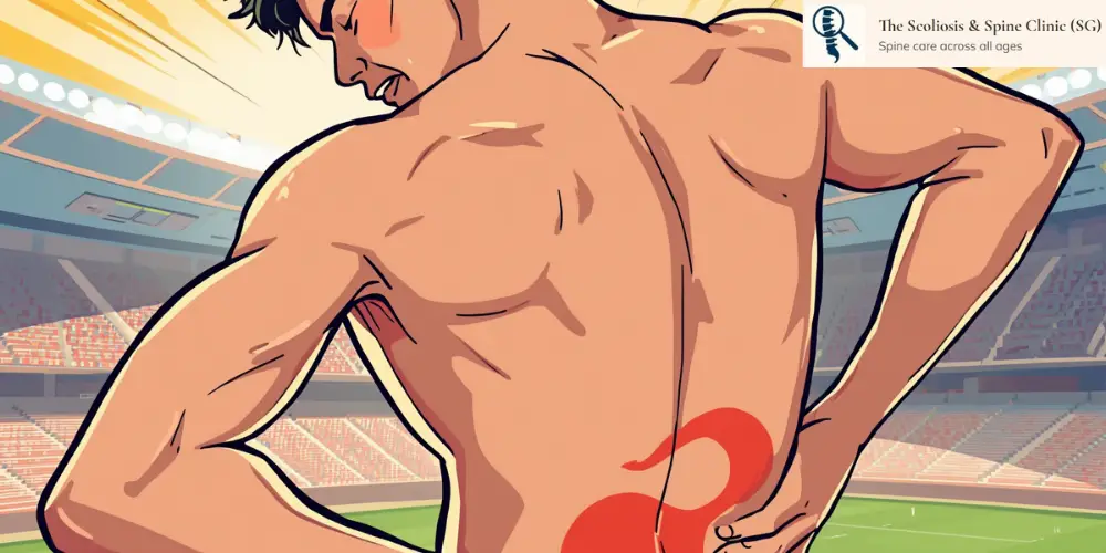 AI generated- back pain in stadium - Asian teen